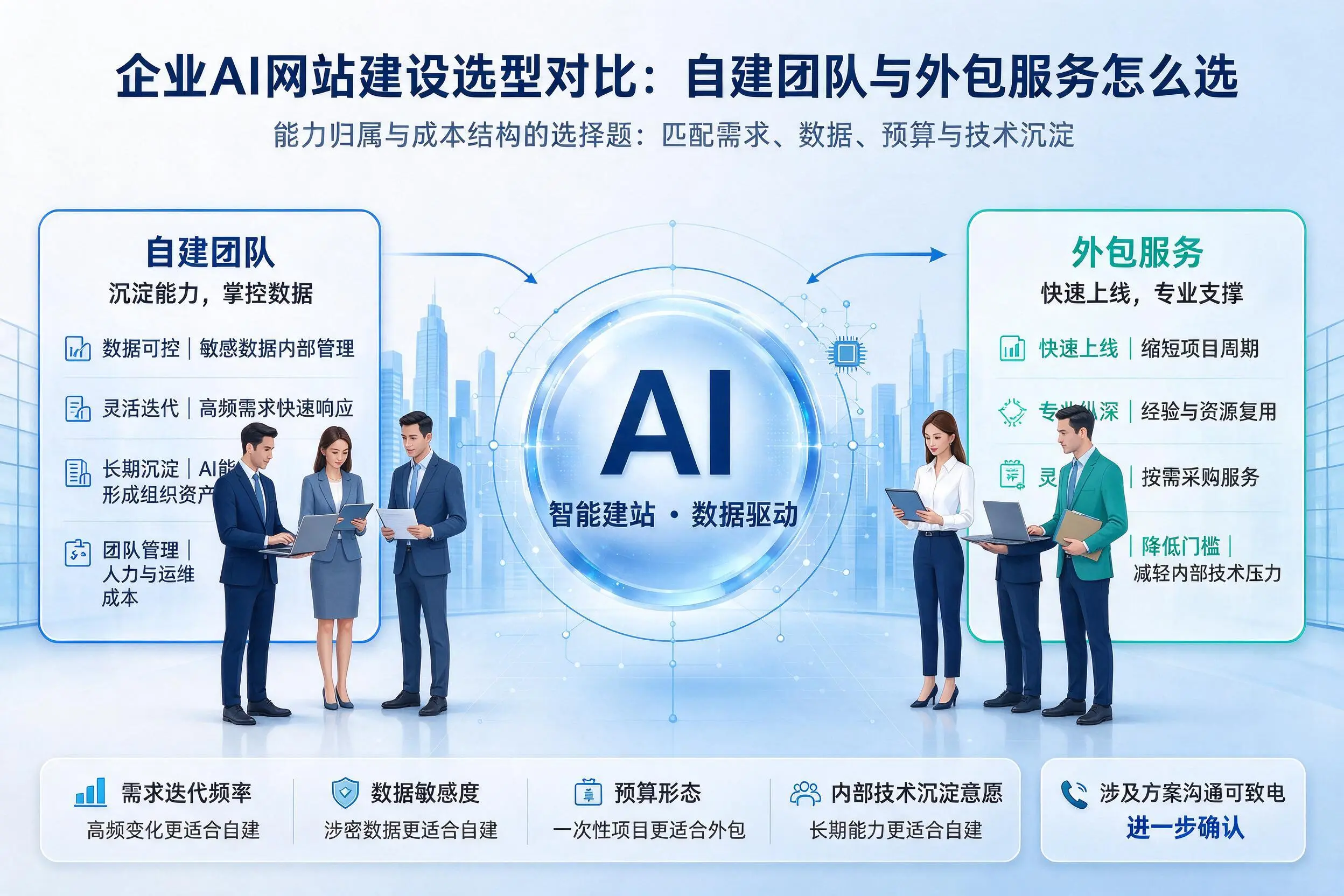 蚌埠企业AI网站建设选型对比:自建团队与外包服务怎么选